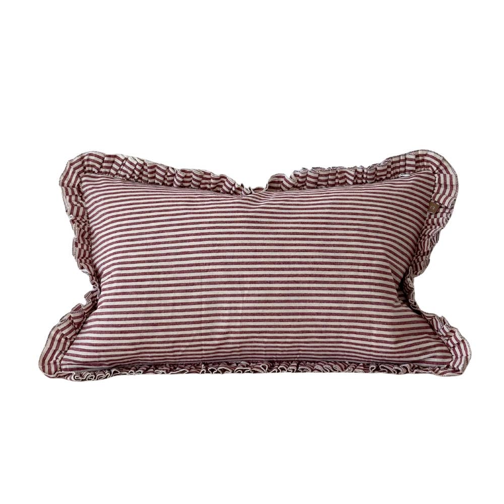 Darcy Ruffle Stripe Cushion – Burgundy Stripe