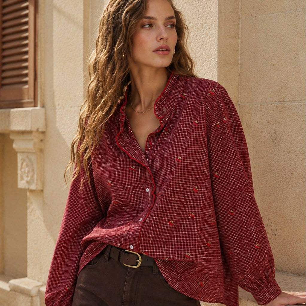 Annie Blouse with Cherry Embroidery - Bordeaux