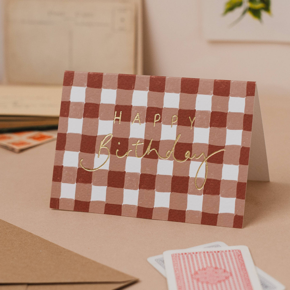 Happy Birthday Brown Gingham Foil Birthday Card: Naked