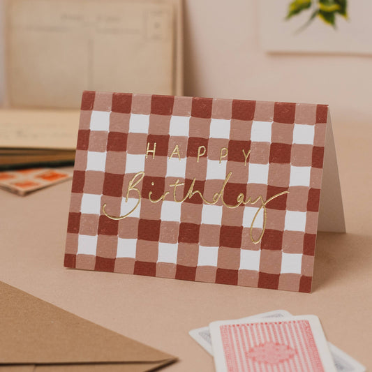 Happy Birthday Brown Gingham Foil Birthday Card: Naked