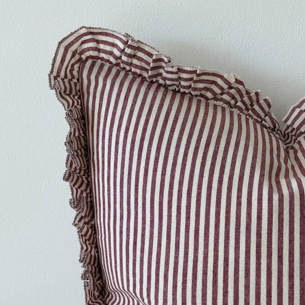 Darcy Ruffle Cotton Cushion 45x45 - Burgundy Stripe