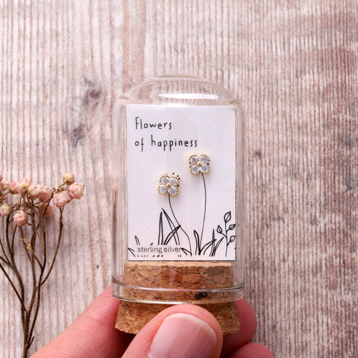 Four Clover Crystal Flower Earrings  - Gold Plated