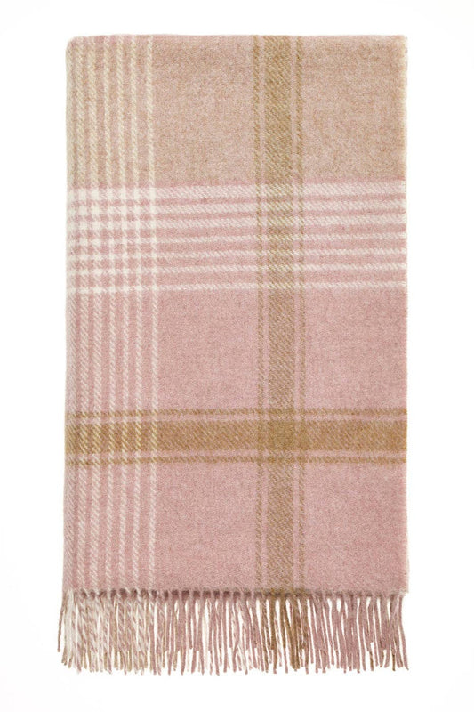 British Wool Classic Check Throw: Pink/Camel