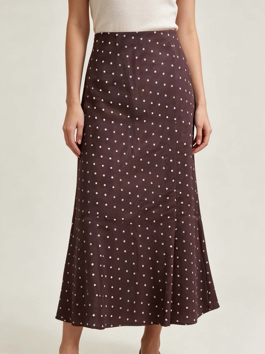 Satin Slip Skirt in Brown Polka Dot