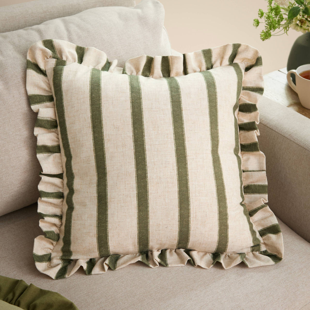 Stripe &  Ruffle Cushion in Moss