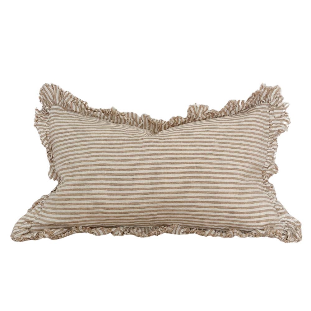 Hallie Ruffled Linen Cushion   – Light Brown Stripe