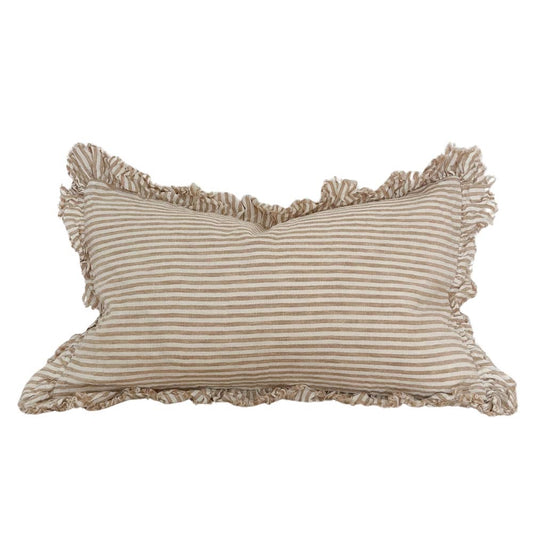Hallie Ruffled Linen Cushion   – Light Brown Stripe