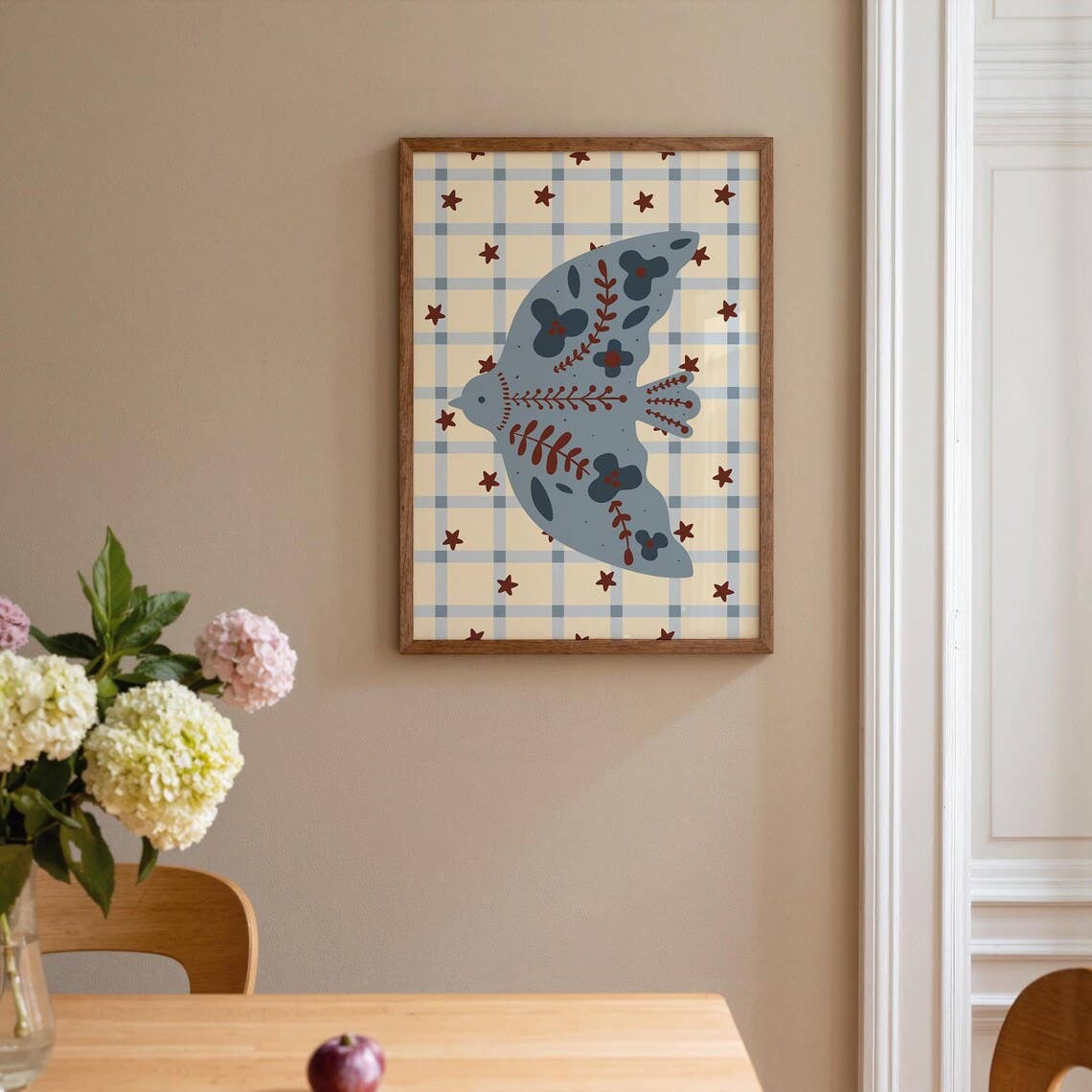 Vintage Blue Bird Folk Art Print: A4