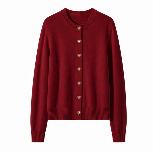 Gold Heart Button Cardigan in Wine: Small