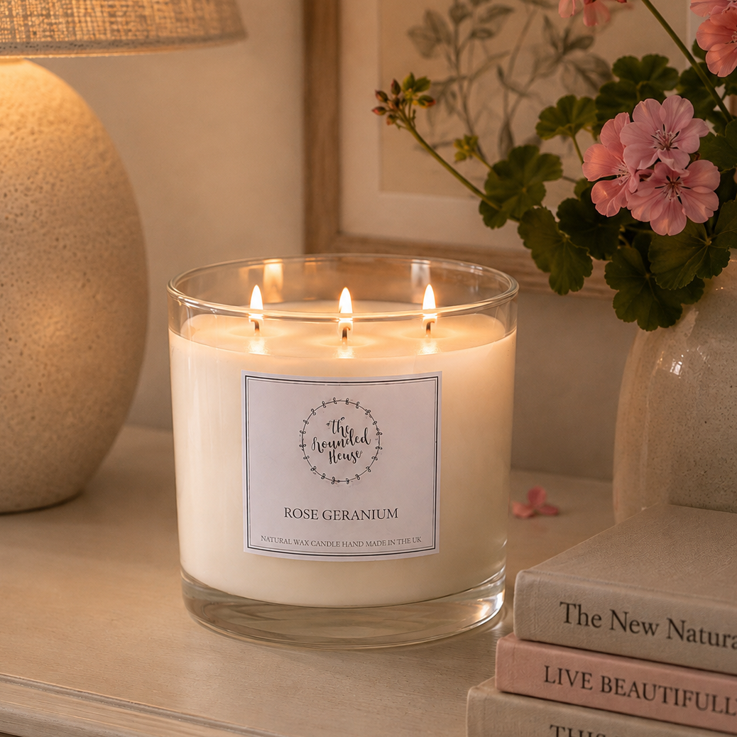 Large Three Wick Candle by The Rounded House  - Rose Geranium