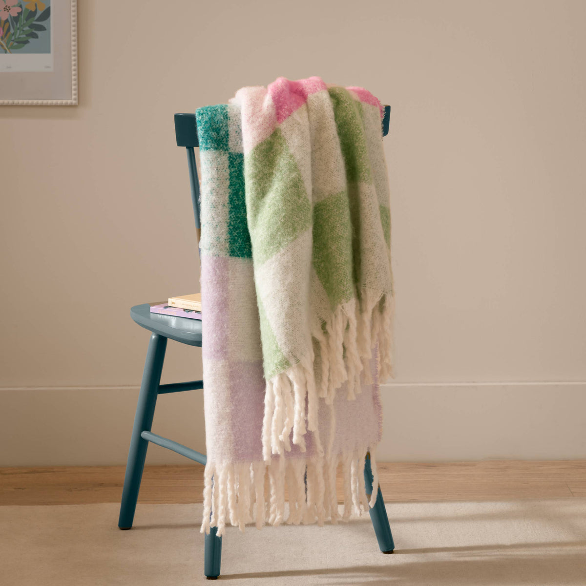 Checked Tasselled Throw Aqua & Pink