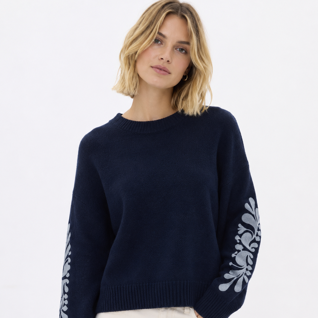 Knitted Jumper with Embroidered Sleeves – Navy