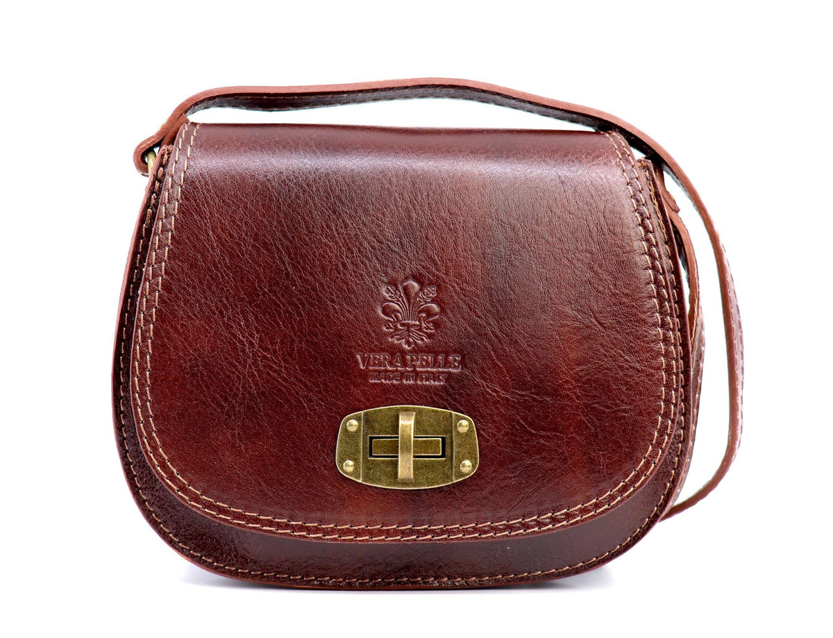 Italian Leather Crossbody Saddle Bag with Turn Lock: Brown