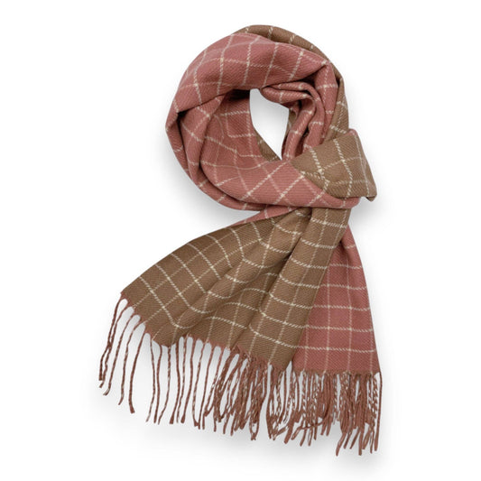 Colorblock Check Print Cashmere Blend Winter Scarf: Taupe Pink