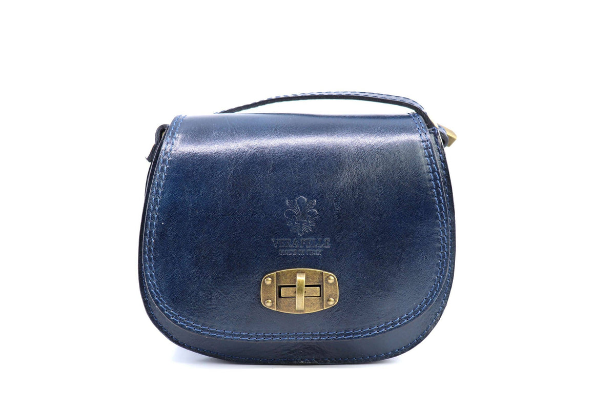 Italian Leather Crossbody Saddle Bag with Turn Lock - Navy