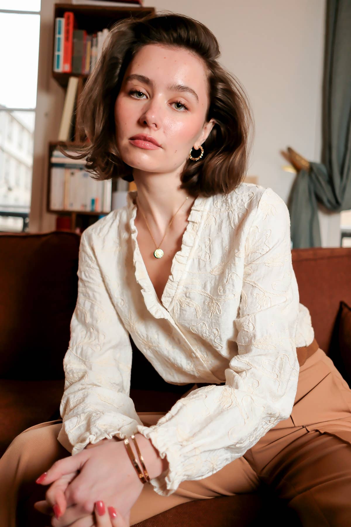 Gwendolyn Embroidered V-neck Ruffled blouse - cream