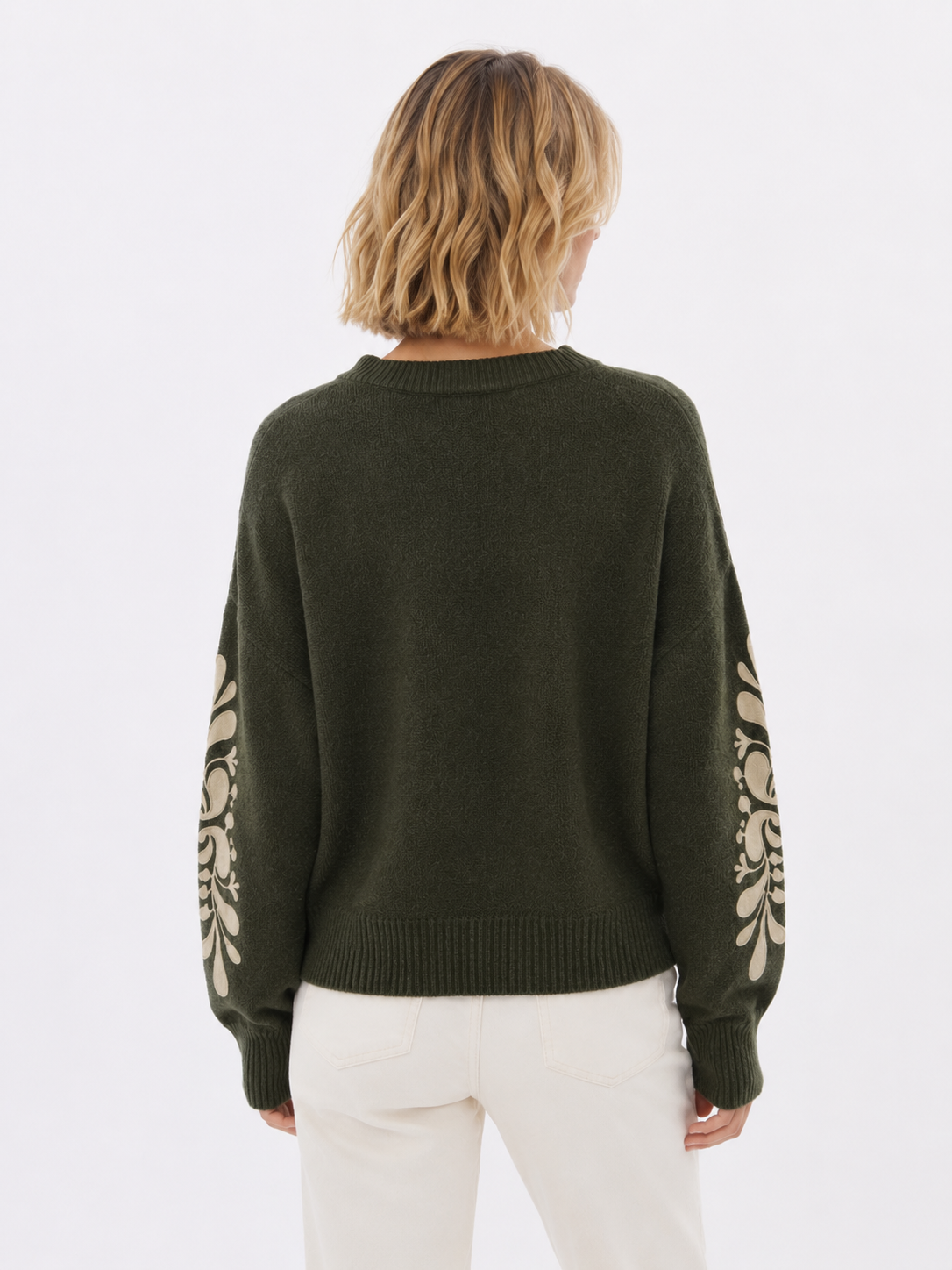 Knitted Jumper with Embroidered Sleeves – Khaki