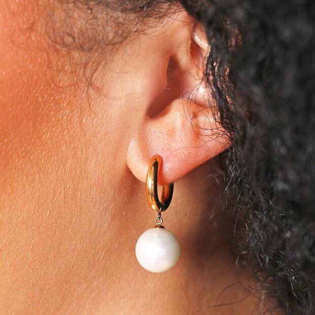 Stainless Steel Large Pearl Drop Huggie Hoop Earrings  Gold