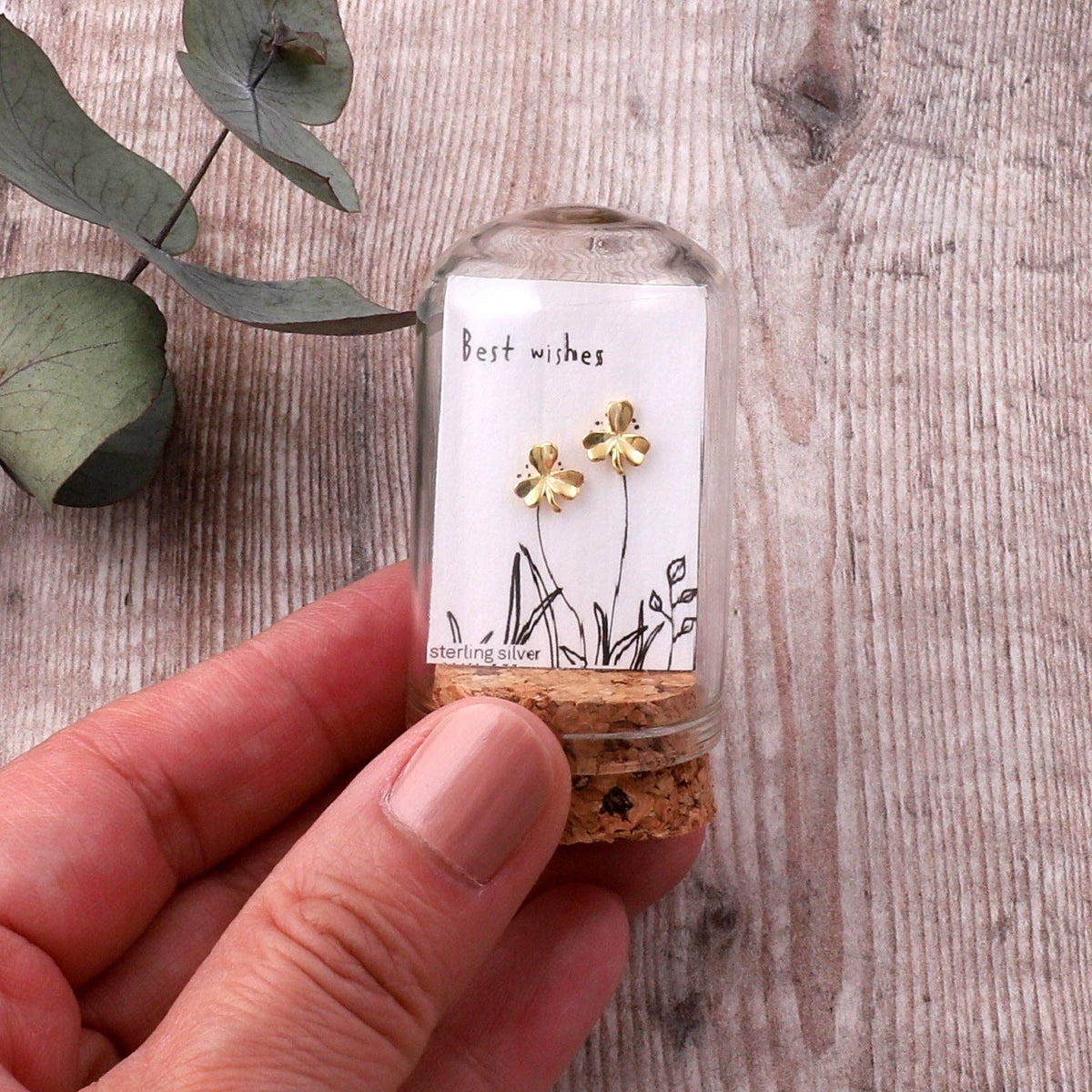 'Best wishes ' Three Clover with Stem - Gold Plated