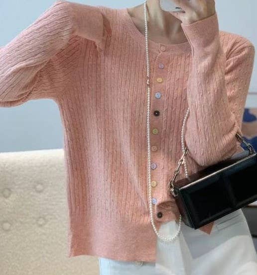 Fine Knit Cable Knit Cardigan with Multi Button in Pink