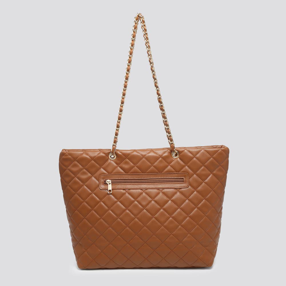 Quilted Vegan Leather Large Tote Bag - Brown