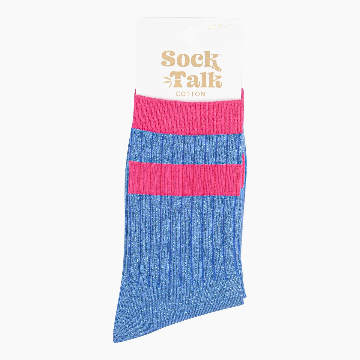 Striped Cuff Ribbed Cotton Glitter Socks in Blue/Pink