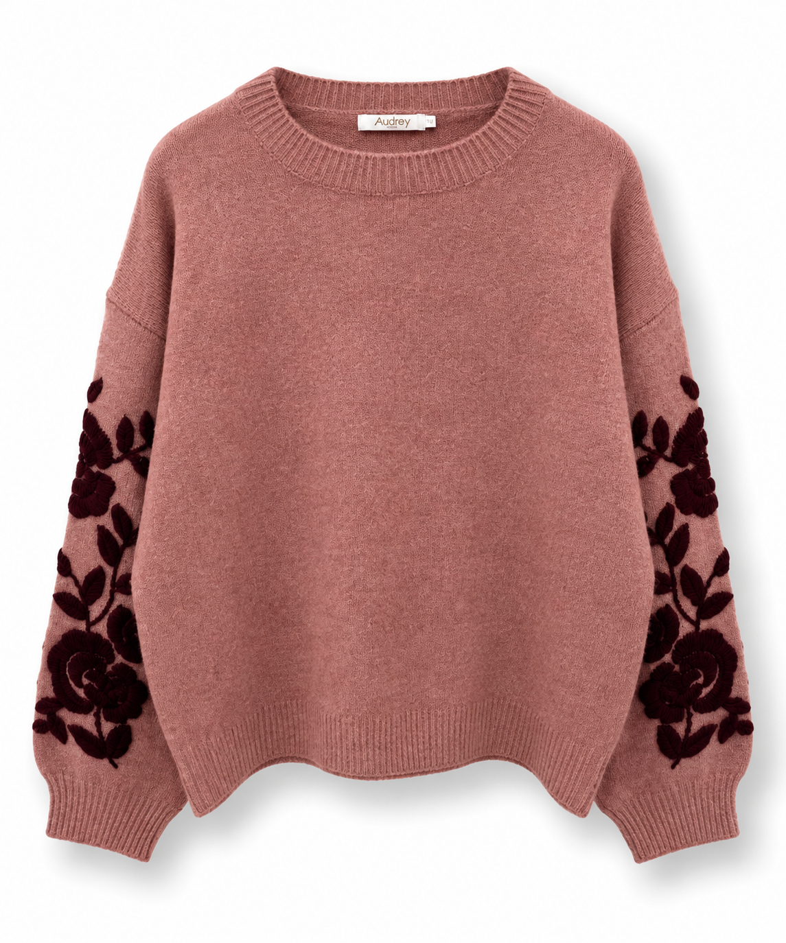 Knitted Jumper with Embroidered Sleeves - Dusty Rose and Burgundy