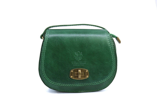 Italian Leather Crossbody Saddle Bag with Turn Lock - Green