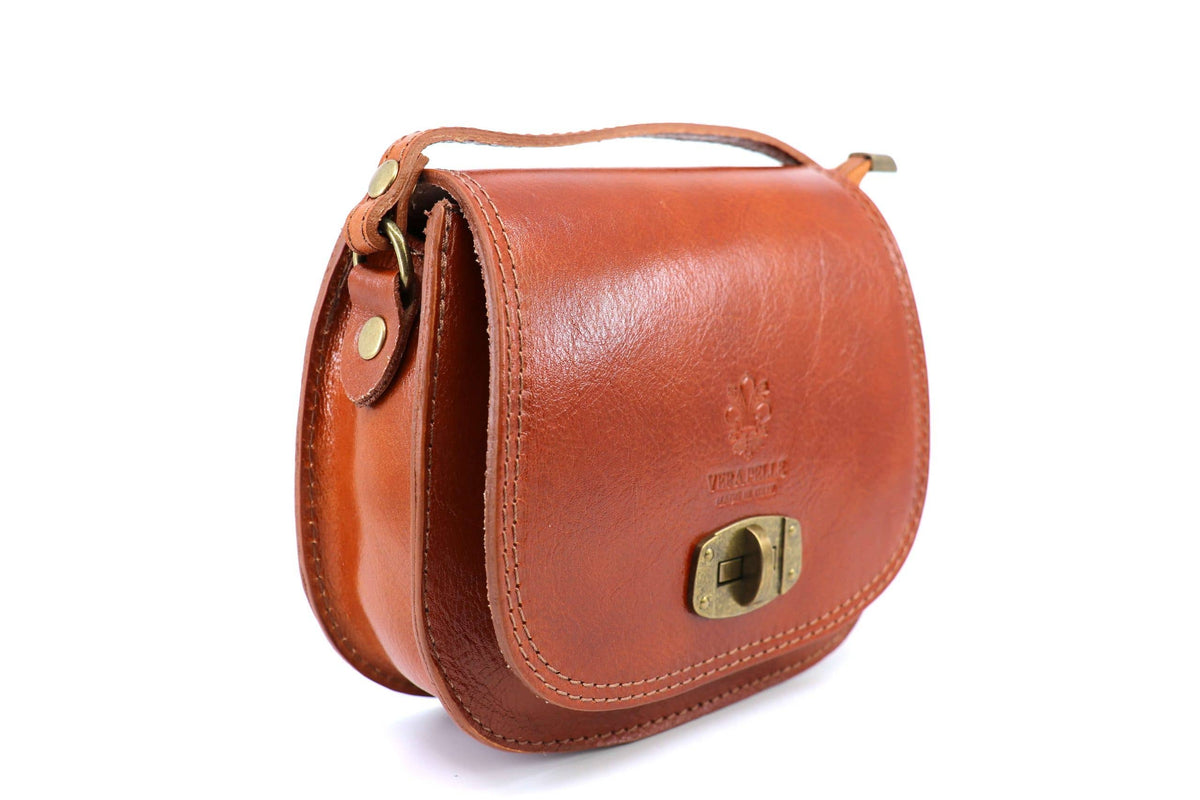 Italian Leather Crossbody Saddle Bag with Turn Lock - Tan