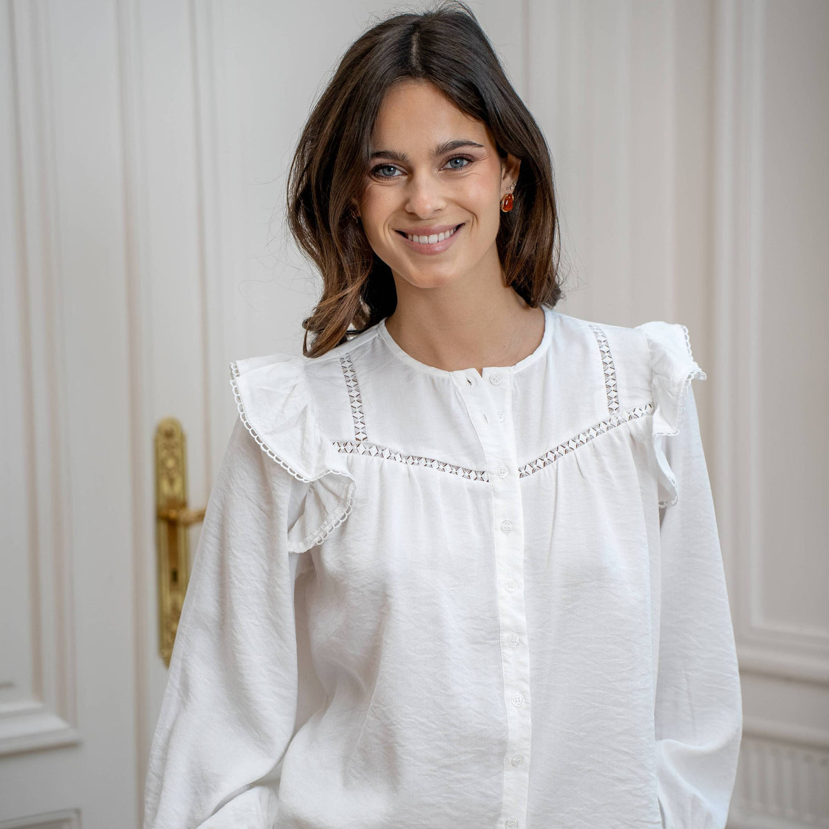Josie White Ruffled Blouse with Lace