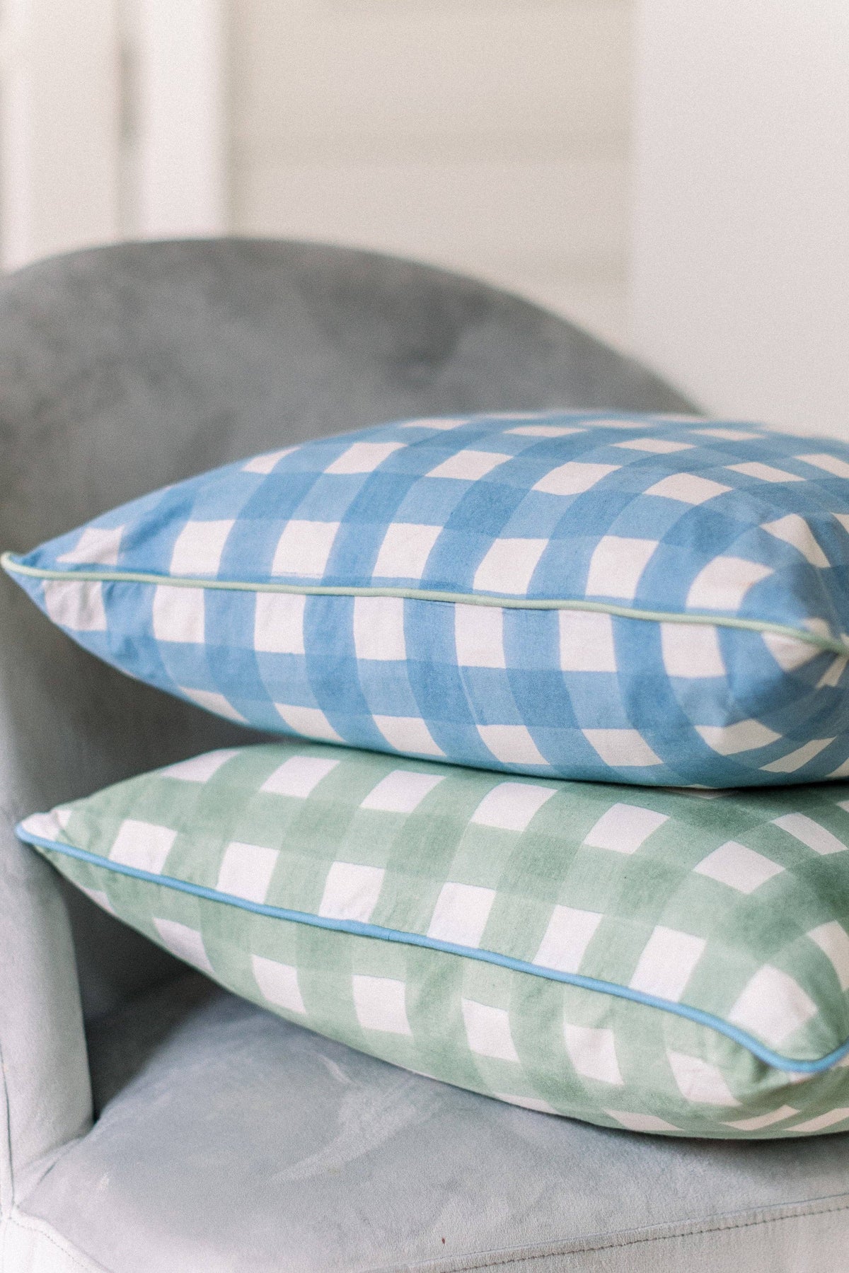 Gingham Green Piped Cushion