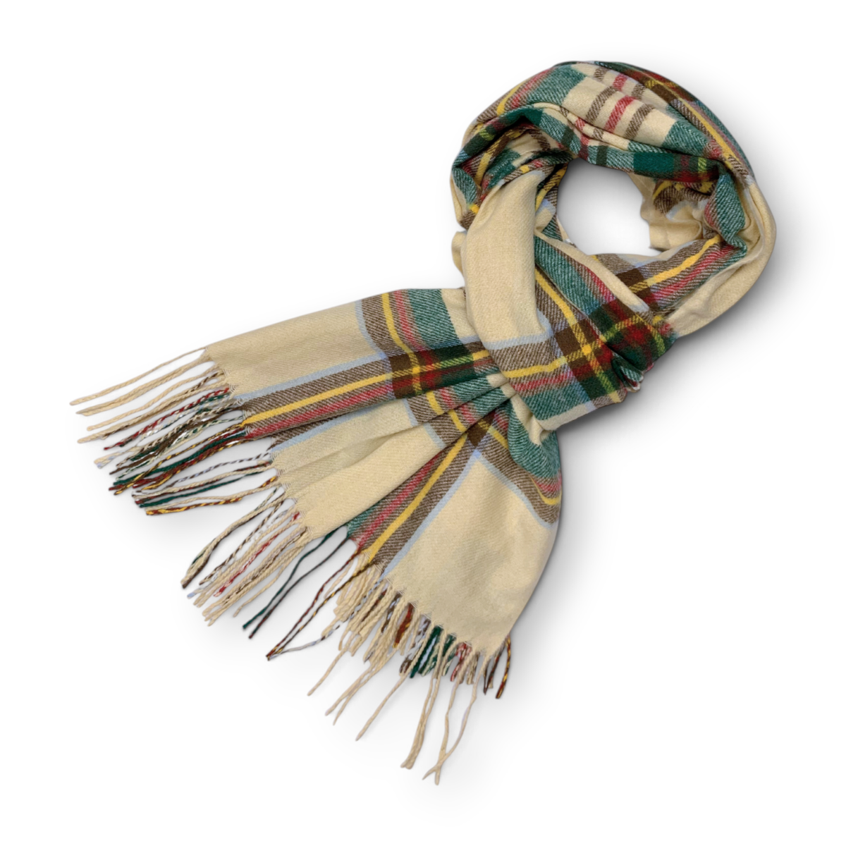 Tartan Plaid Wool Blend Scarf - Cream