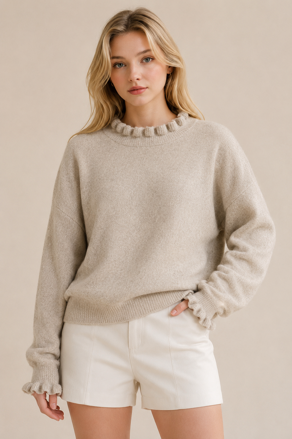 Frill Trim Soft Knit Jumper - Beige