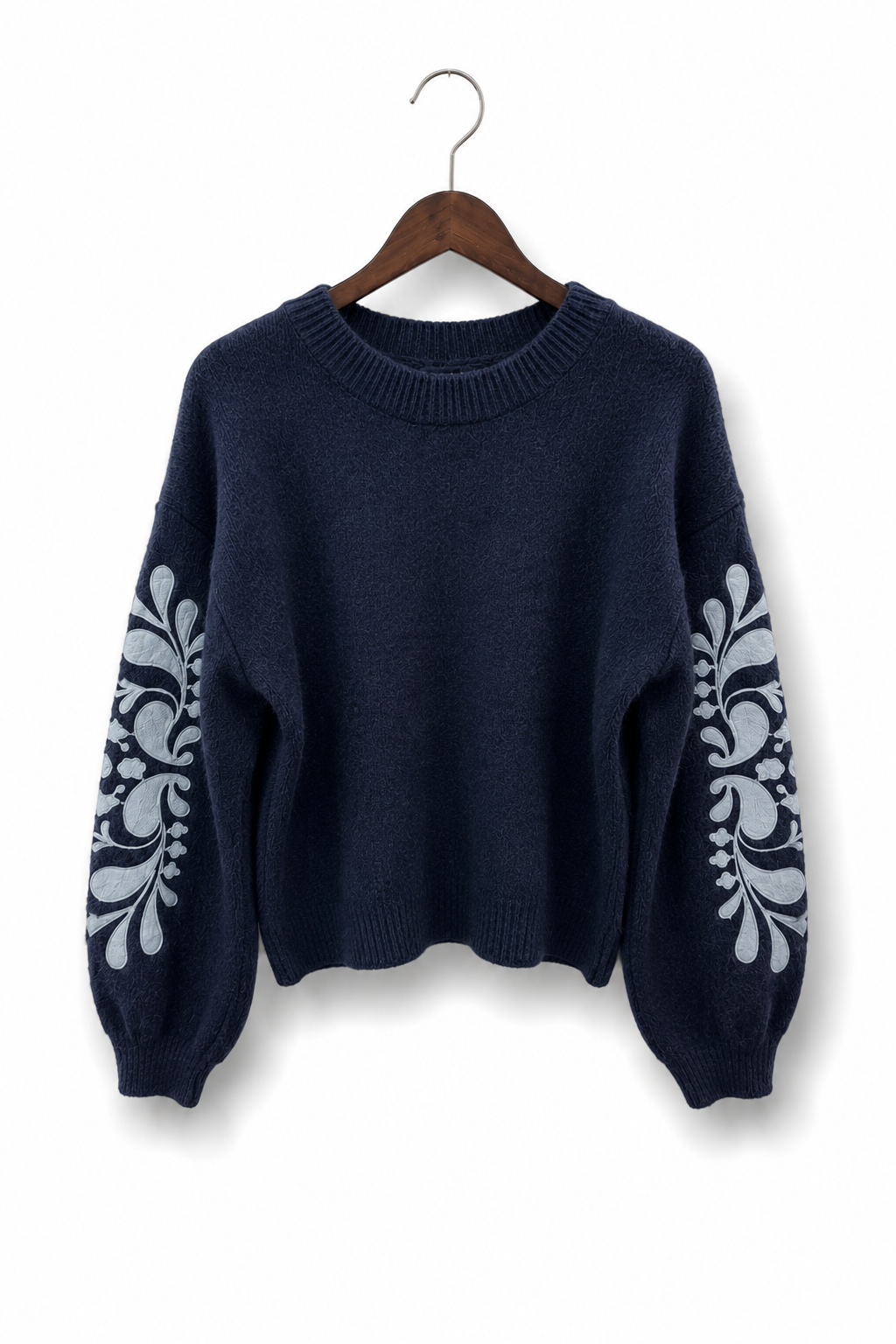 Knitted Jumper with Embroidered Sleeves – Navy