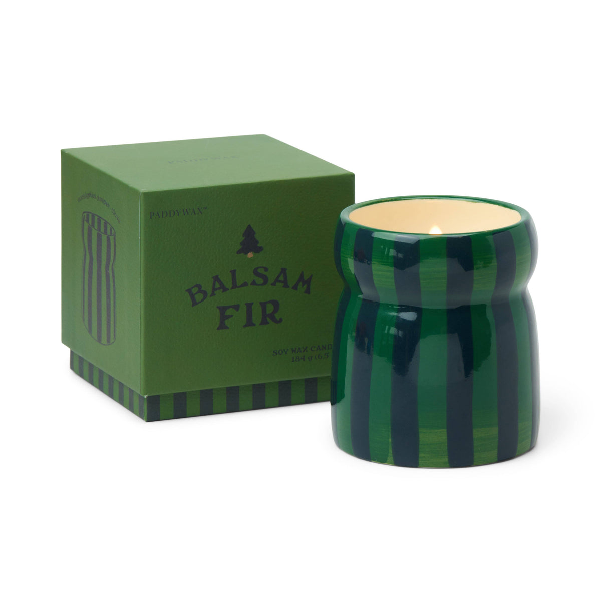 Green/Navy Striped Ceramic Candle - Balsam Fir