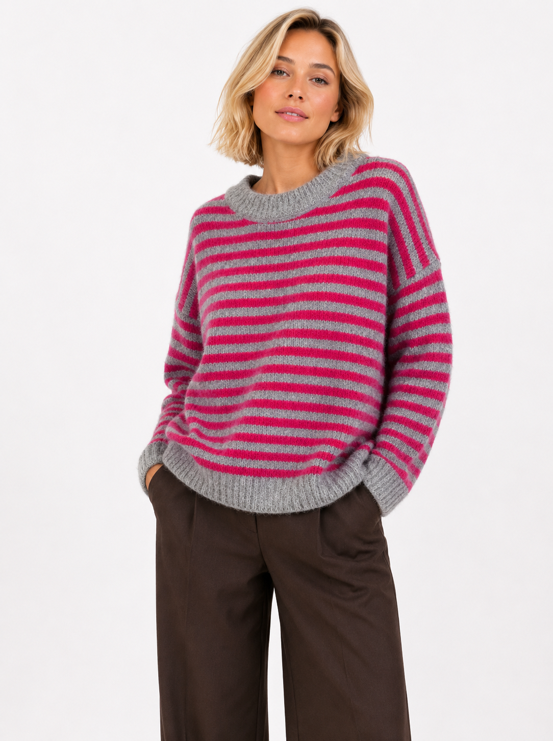 Striped Knitted Jumper – Pink/Grey Stripe / One Size