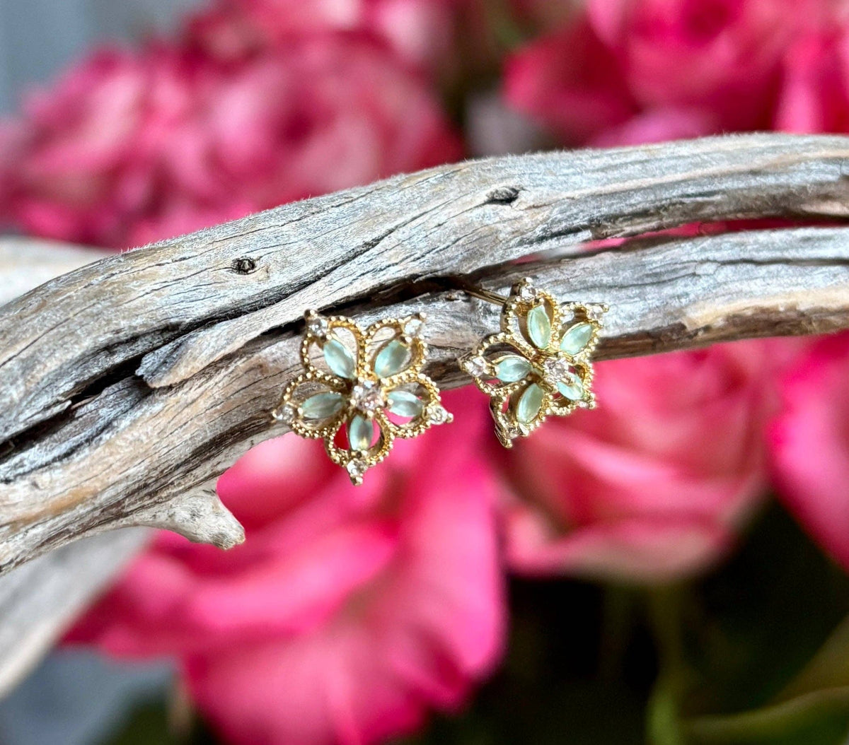 14ct Gold Plated Cubic Zirconia Green Petal Flower Earrings