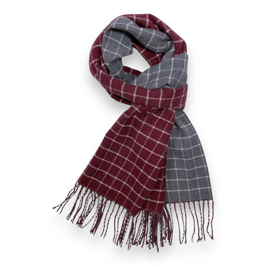 Colorblock Check Print Cashmere Blend Winter Scarf - Burgundy Grey
