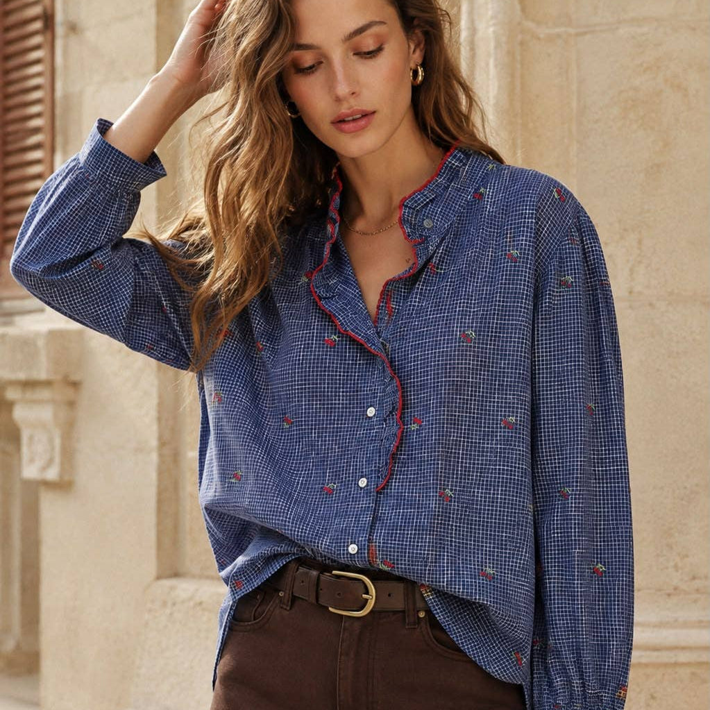 Annie Blouse With Cherry Embroidery - Navy