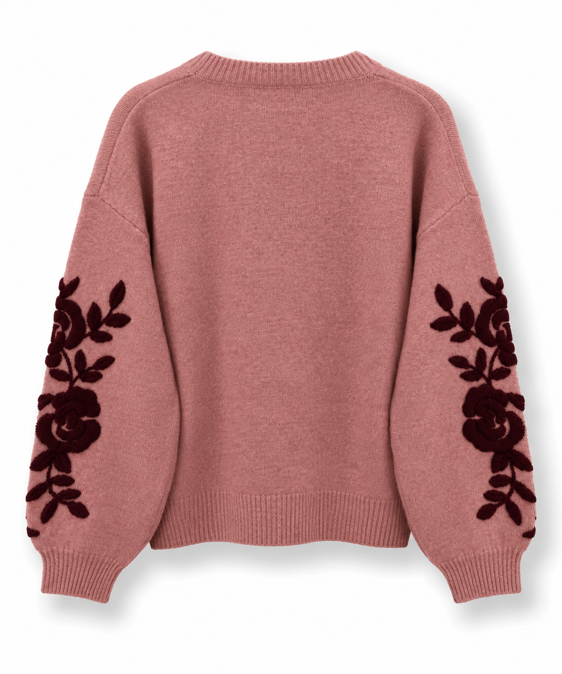 Knitted Jumper with Embroidered Sleeves - Dusty Rose and Burgundy