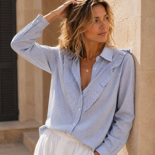 Ava Striped Ruffled Blouse - Blue