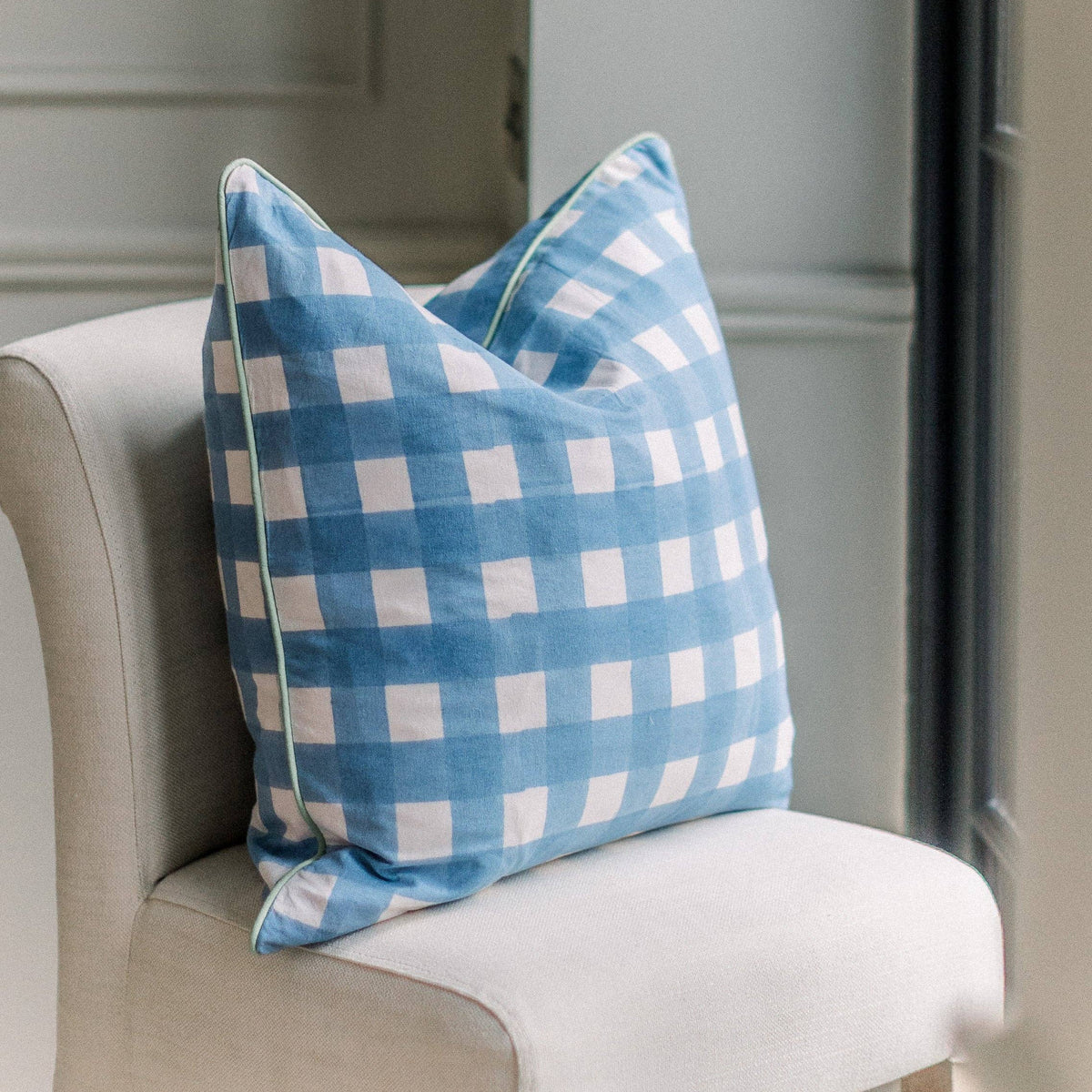 Gingham Blue Piped Cushion