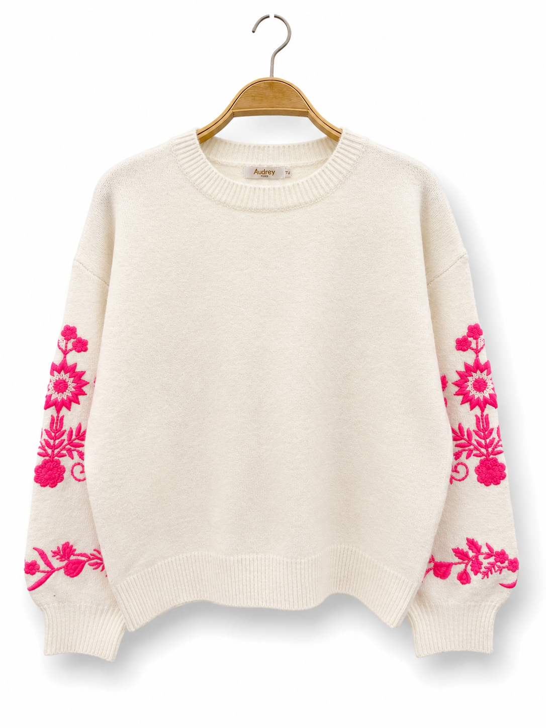 Knitted Jumper with Embroidered Sleeves - Winter White and Fuscia