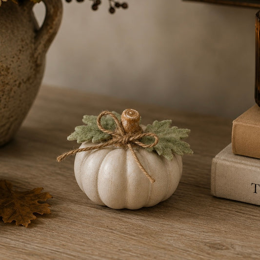 Cream Pumpkin with Leaves and Twine