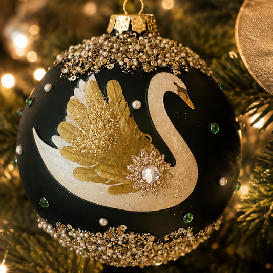 Green & Gold Jewelled Swan Glass Bauble