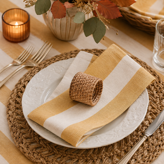 Mustard & Cream Wide Stipe Cotton Napkins - Set of 4