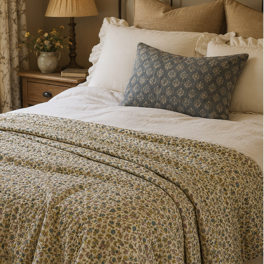 Cream with Blue & Light Pink Flowers Quilted Throw