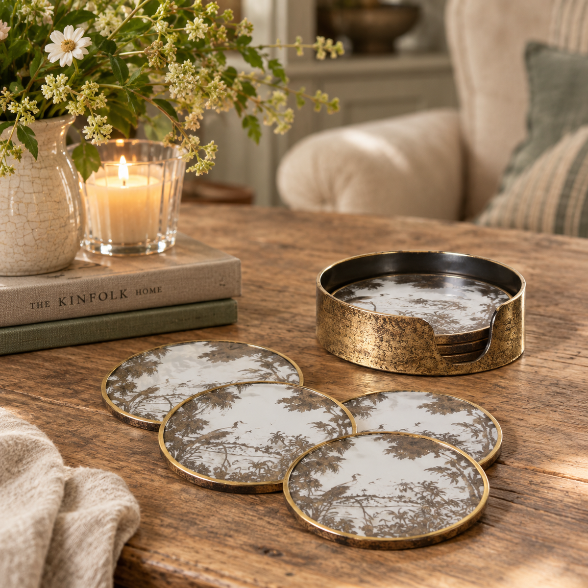 Set of 4 Antique Gold Scenic Coasters with Holder