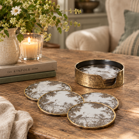 Set of 4 Antique Gold Scenic Coasters with Holder