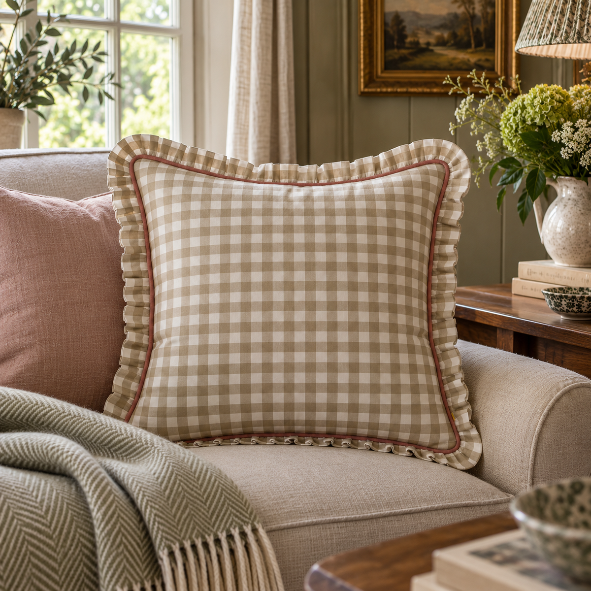 Gingham Cushion with Rose Trim Riva